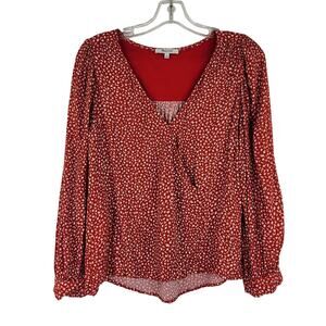 Madewell Red White Wrap Blouse Women's Medium Dove Wine Bread & Cheese Print